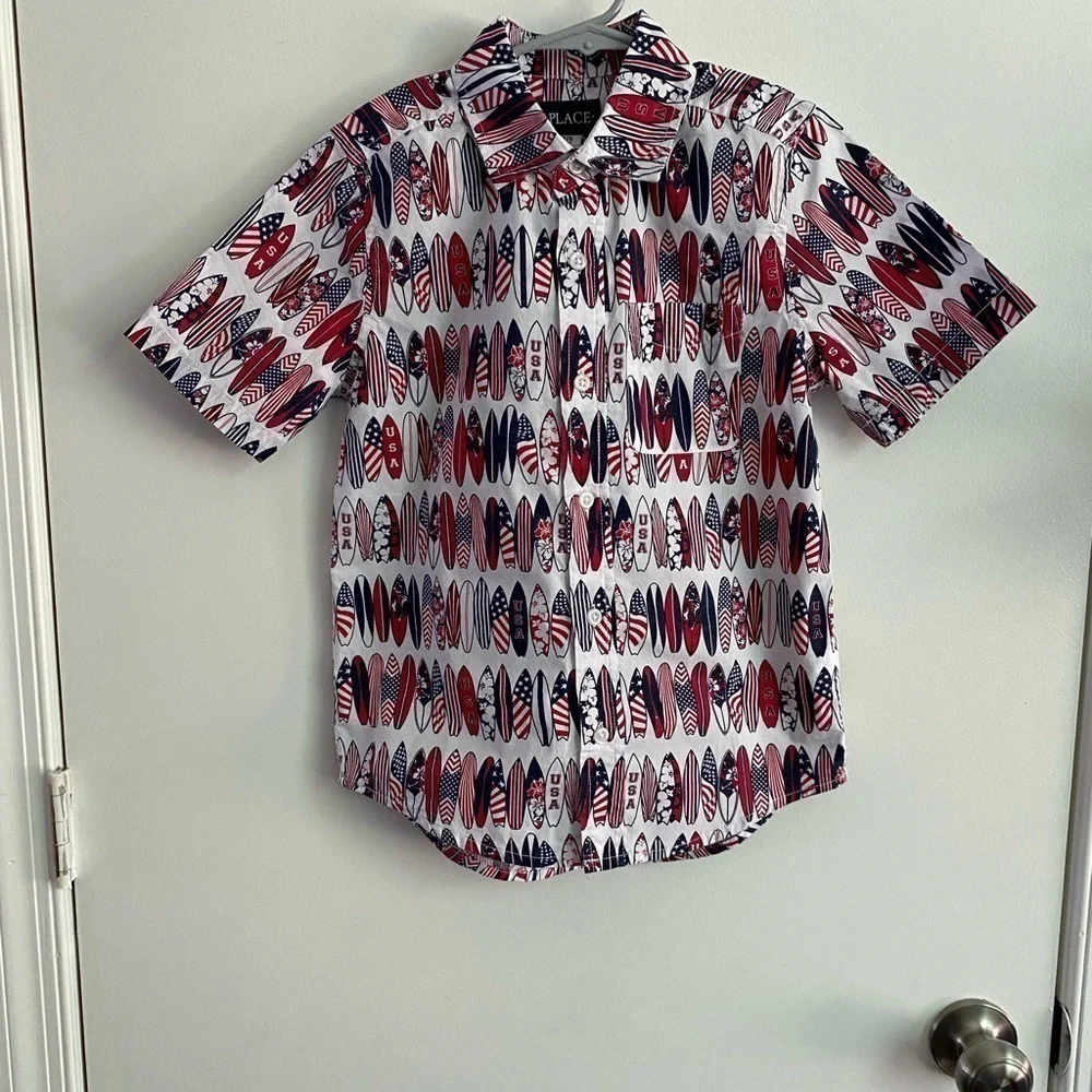 The Children’s Place, Boys, Button Down, Red/White/Blue, USA, Size 7/8, M, NWT